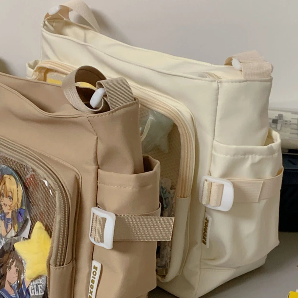 Women's Shoulder Purse with Clear Window Cartoon Book Bag Multi-pockets Simple Tote Bag Trendy Outdoor Bag