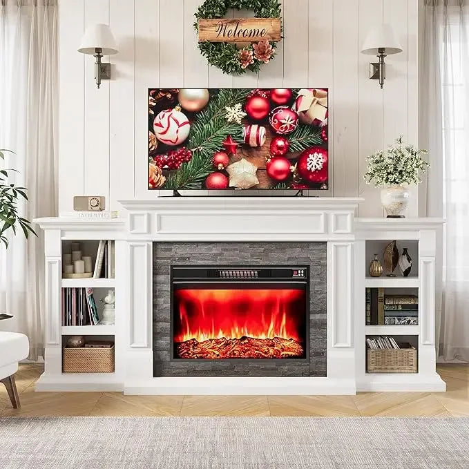 80" Electric Fireplace with Mantel and Cabinets, Fireplace TV Stand for Living Room Bedroom, 30in Realistic Flame Fireplace