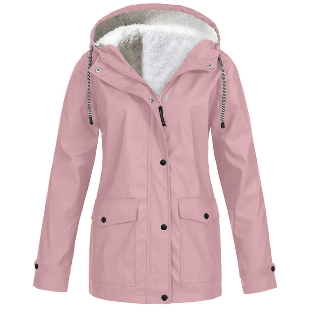 Women's Autumn Winter Plus Velvet Jacket Windproof Waterproof Hooded Coat Outdoor Sports Cloths For Climbing Cycling Fishing