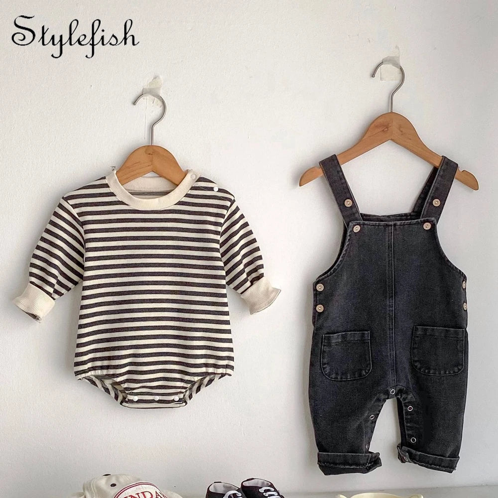 New spring baby clothes for 0 - 3 years old, neutral denim jumpsuits and striped tops, sold separately