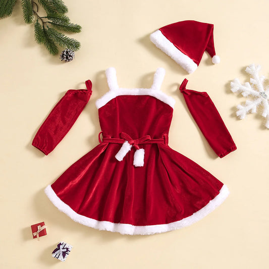 Girls Christmas Dress Sets Autumn Winter Velvet Suspender Dress + Over sleeve + Hat 3 piece Baby Santa Claus Clothes Festival Costume