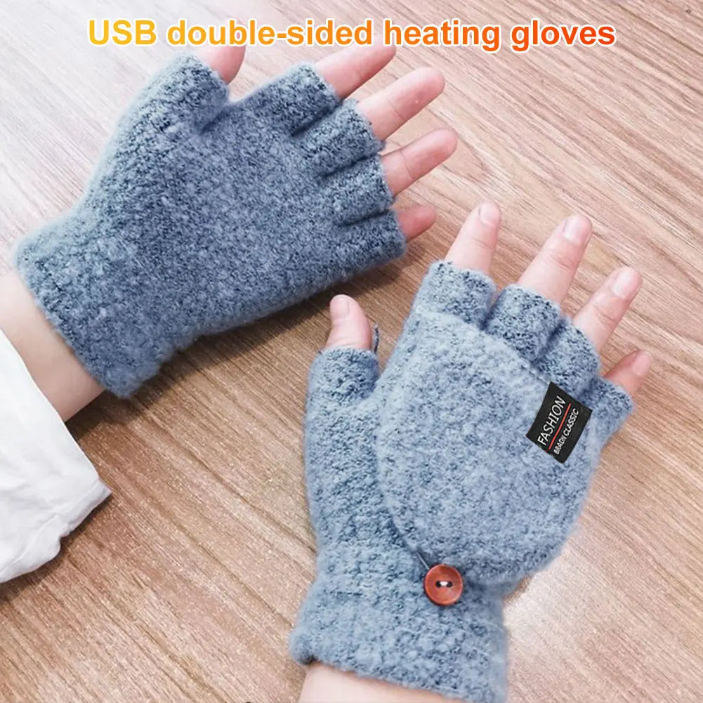 Woman's Double-Sided Heating Gloves Adjustable Temperature Rechargable Mittens Washable Fingerless Hand Warmer Warm for Outdoor Hiking