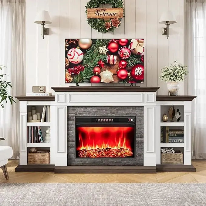 80" Electric Fireplace with Mantel and Cabinets, Fireplace TV Stand for Living Room Bedroom, 30in Realistic Flame Fireplace