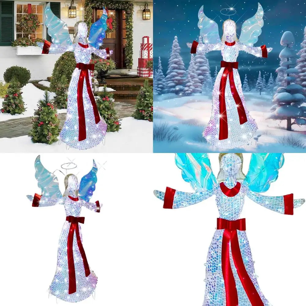 Illuminated 3 D Angel with Glitter Halo and LED Lights, 5 FT Christmas Lawn Garden Decor