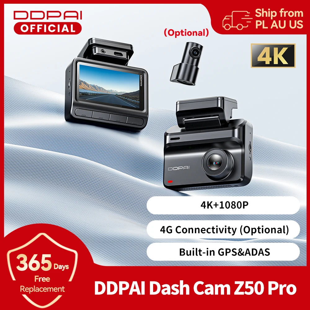 DDPAI 4K Dash Cam Z50 Pro 5GHz Wi-Fi GPS ADAS Night Vision 4G Connectivity Car DVR 24H Parking Support Front and Rear Cam