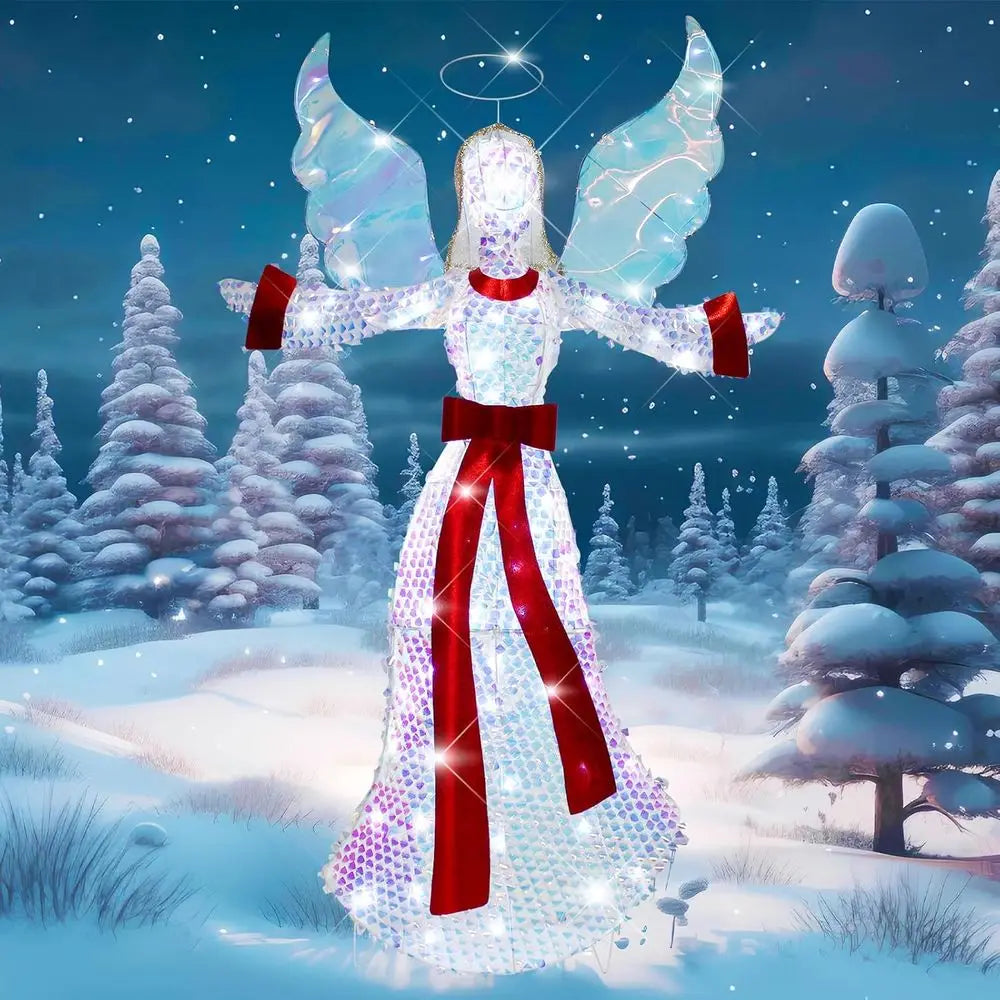 Illuminated 3 D Angel with Glitter Halo and LED Lights, 5 FT Christmas Lawn Garden Decor
