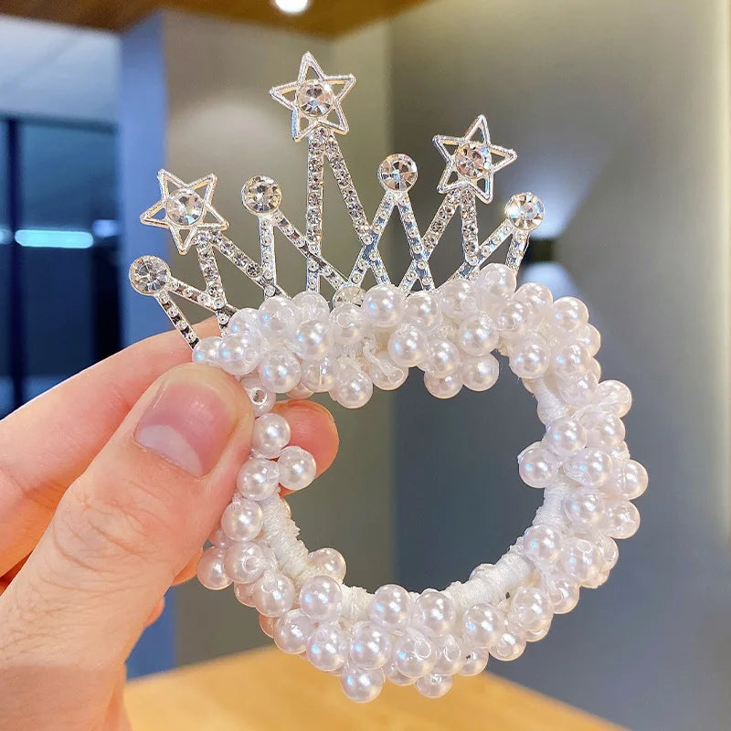 1PCS New Fashion Pearl Crown Princess Cute Kids Elastic Children Ties Girls Hair Accessories Baby Headwear