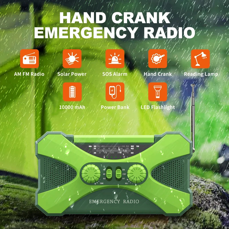Portable 10000 m Ah charger High Capacity Emergency Radio Solar Hand Crank LED Flashlight/Reading Light/SOS Alarm Survival Tool