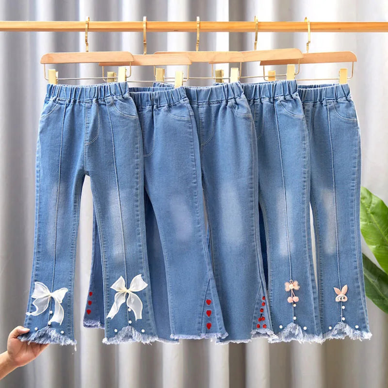 New Autumn Elastic Kids Jeans Girls Cute Leisure Bow Denim Blue Children Flared Pants teenage Girl Clothes Trousers 3 - 12 Y