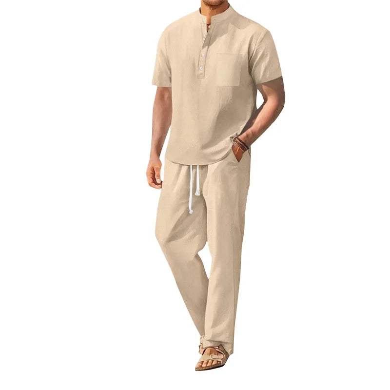 Men's Casual 2 Piece Outfit Short Sleeve Henley Tops with Drawstring Pants Loose Solid Color Set for a Stylish Look