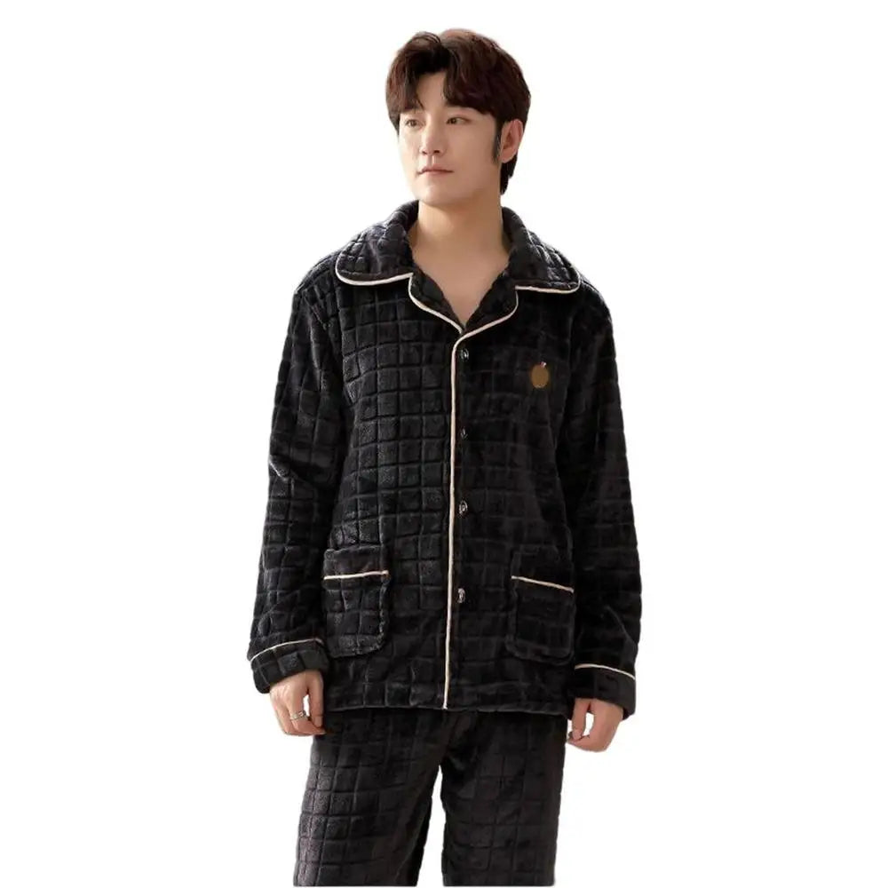 MensCoral Fleece Sleepwear Set Warm Soft Fleece Pajamas Sets For Men Thick Warm Casual Lounge Wear Sets For Men