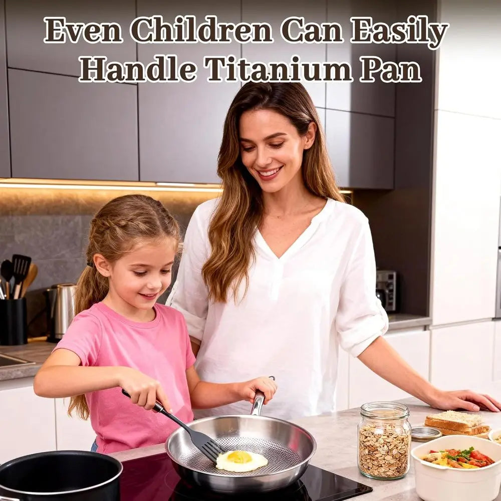 9.45 Inch 99.6% Titanium Frying Pan with Lid, Non-Toxic Cookware for Even Heating, Induction Compatible, Oven & Broiler Safe