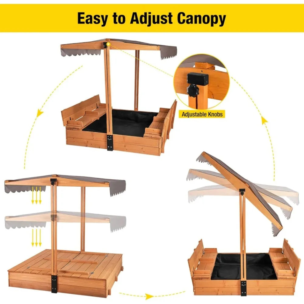 Outdoor Sandbox with UV Protective Canopy, Sandbox Comes with 2 Foldable Seats, Length 47" X 47"