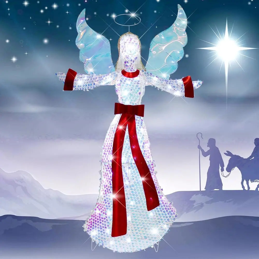Illuminated 3 D Angel with Glitter Halo and LED Lights, 5 FT Christmas Lawn Garden Decor