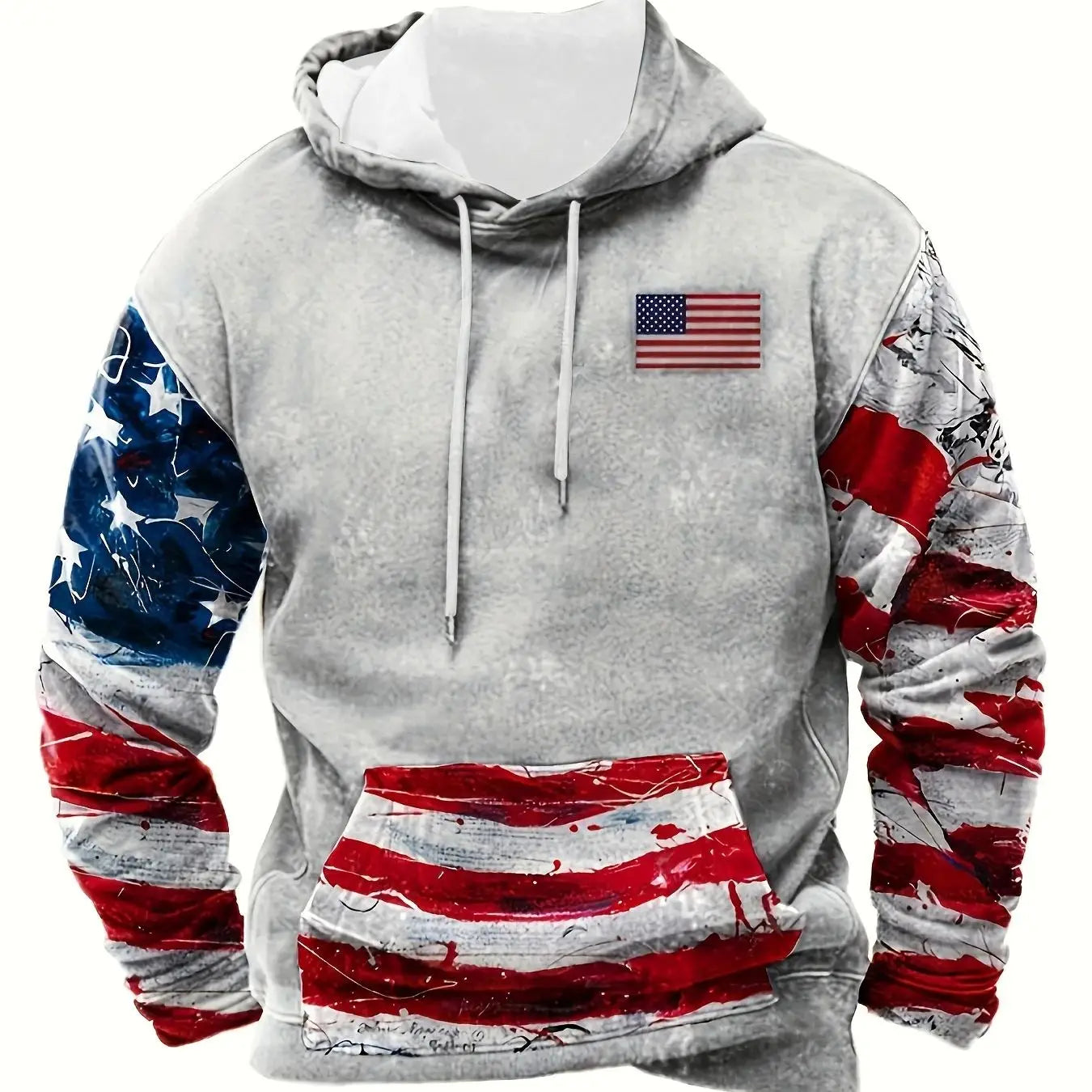[American Flag Hoodie] Patriotic American Flag Hoodie - Men's Casual Polyester Pullover - Kangaroo Pocket, Long Sleeves, Distres