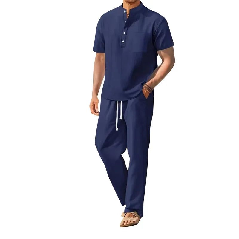 Men's Casual 2 Piece Outfit Short Sleeve Henley Tops with Drawstring Pants Loose Solid Color Set for a Stylish Look