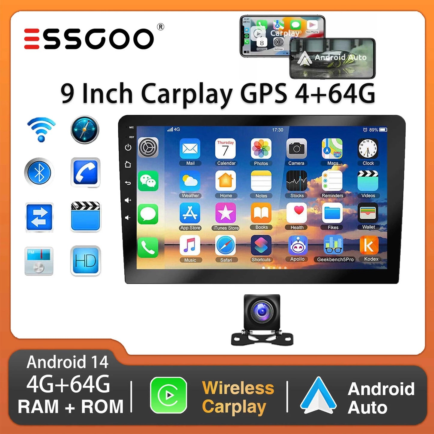 ESSGOO 9 Inch 2 DIN Car Stereo Radio Wireless Car-play Android Auto Car Stereo Bluetooth 64 G GPS Navigation RDS WiFi USB FM DAB+CAM