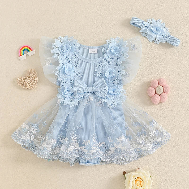 Infant Girls Floral Embroidered Romper with Mesh Skirt and Matching Headband Set for Baby Bodysuits and Jumpsuits