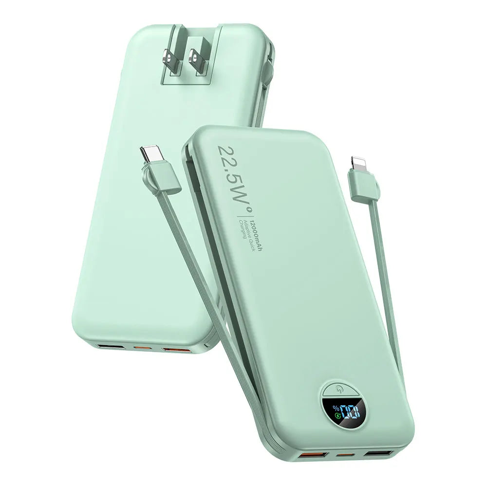 Ultra-Thin 12000 m Ah AC Wall Charger Power Bank with Built-in Cables, USB-C Fast Charging, Digital Display, Essential for Travel