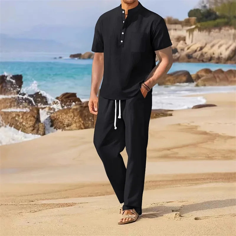 Men's Casual 2 Piece Outfit Short Sleeve Henley Tops with Drawstring Pants Loose Solid Color Set for a Stylish Look