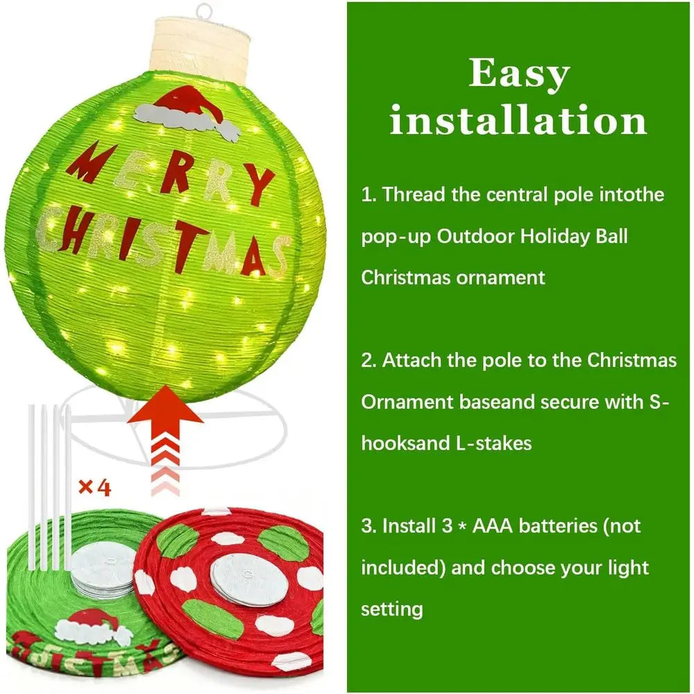 Set of 2 30 Illuminated Pop-Up Christmas Balls, 120 LED Lights, Giant Outdoor Holiday Decor, Red/Green