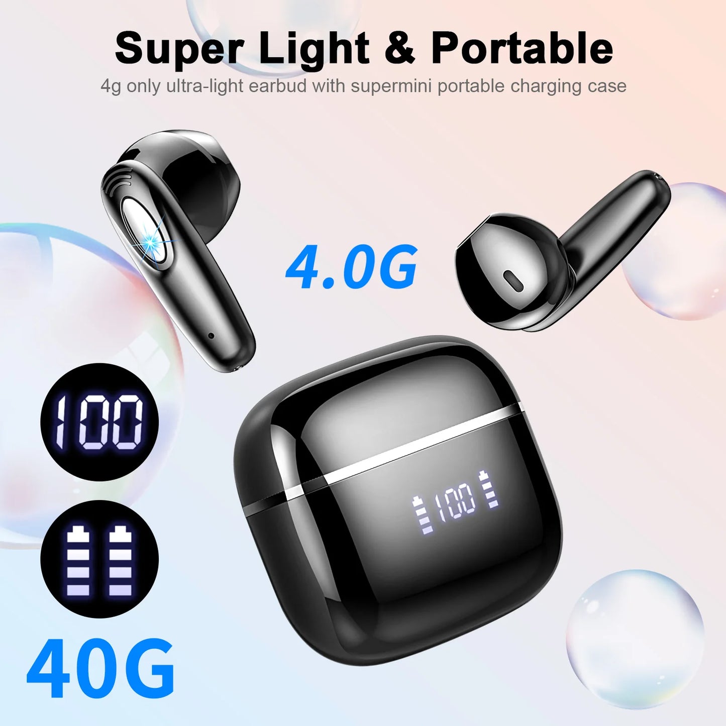 T19 Wireless Earbuds, Bluetooth 5.3, 4 ENC Noise Canceling Mic, 40H LED Display Charging Case, IP7 Waterproof in-Ear Earbuds.