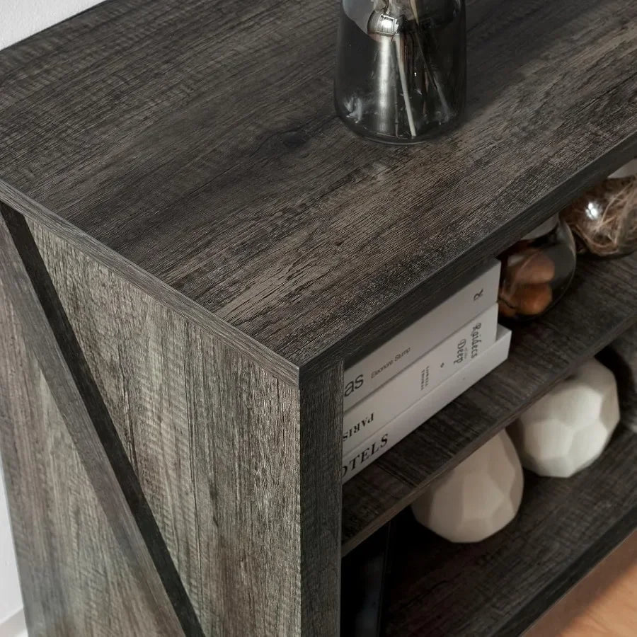 Farmhousestyle Wood Texture Fireplace TV Stand with Builtin 23inch Electric Fireplace for Cozy Living Room Ambiance Rustic Grey