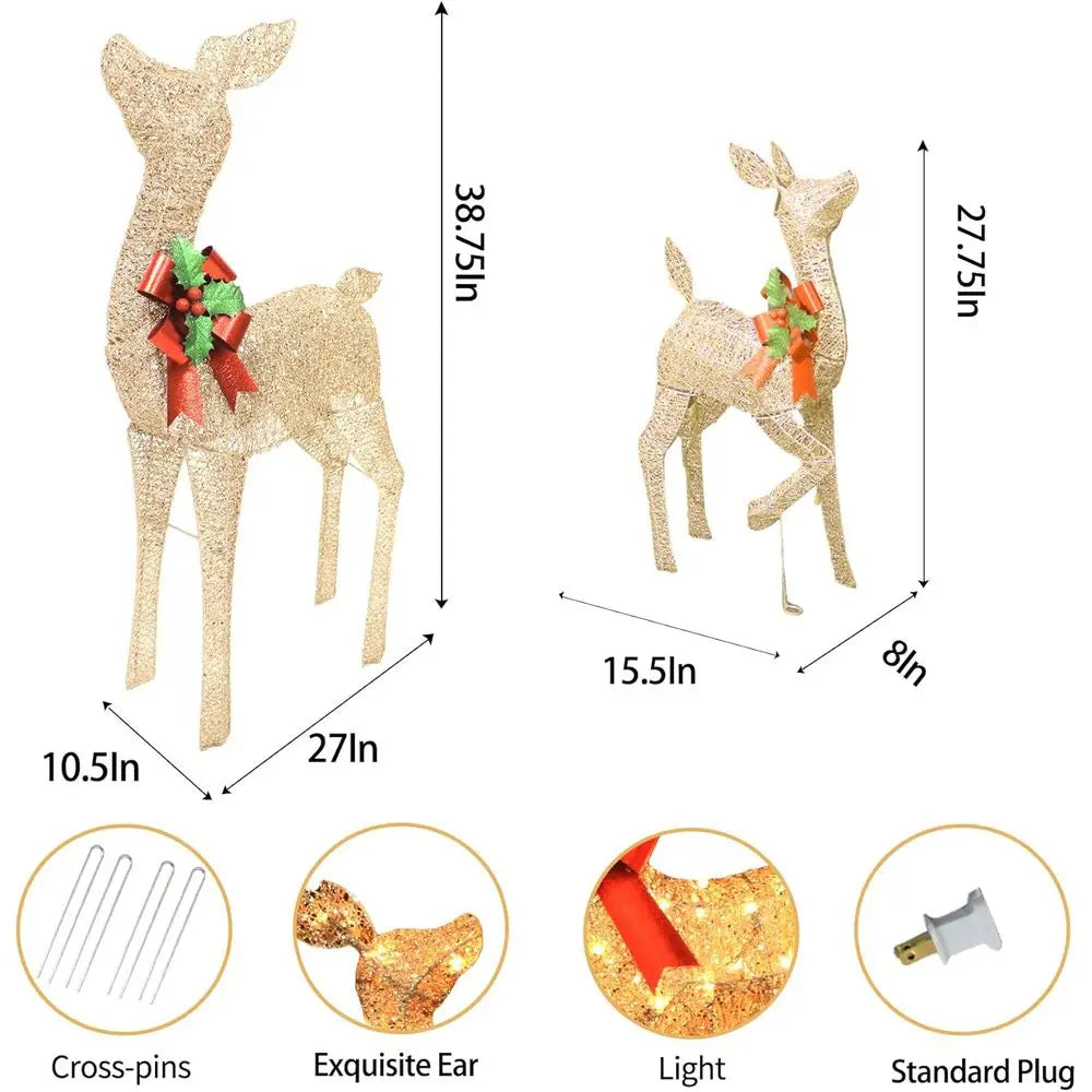 Champagne Gold Lighted Outdoor Christmas Deer Duo Set with Bow for Yard and Tree Holiday Decor