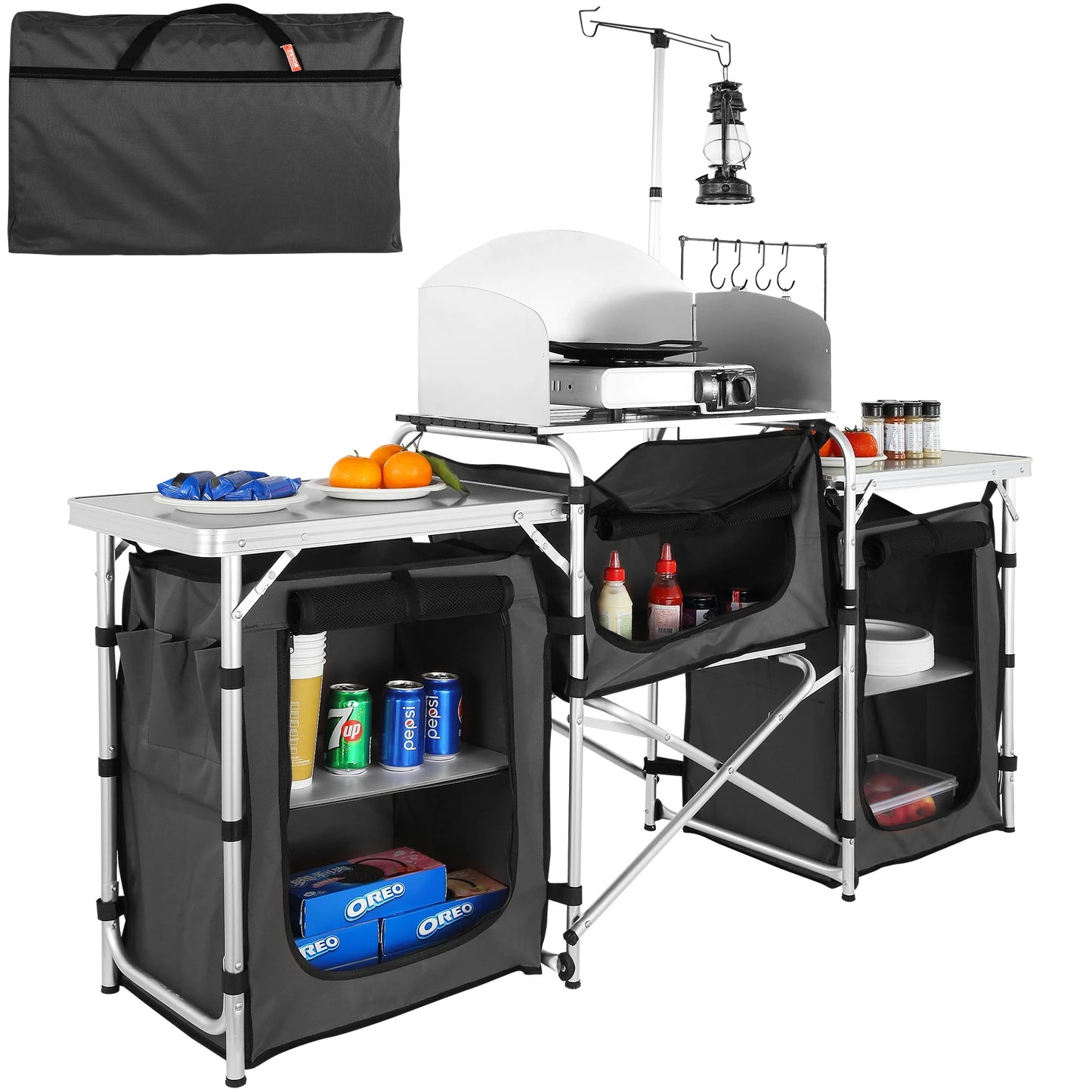 Camping Kitchen Table Cabinet Folding Cooking Storage Rack X-Shaped Aluminum Alloy Bracket for BBQ Picnic Garden Table