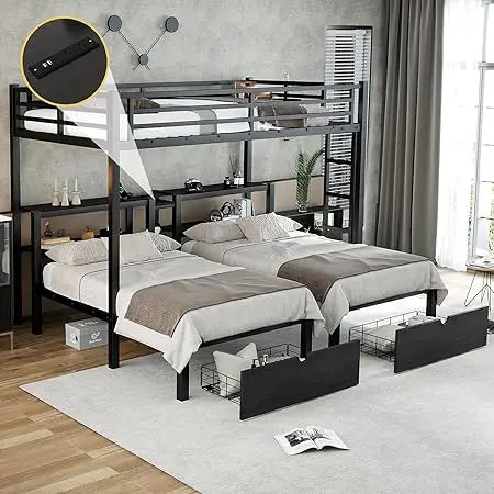 Sturdy Triple-Deck Bunk Bed with Storage, Shelves, and Charging Ports - Full XL Upper with Twin Beds Below