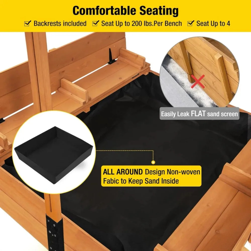 Outdoor Sandbox with UV Protective Canopy, Sandbox Comes with 2 Foldable Seats, Length 47" X 47"