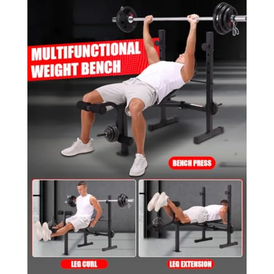 Standard Weight Bench Set with Squat Rack 600LBS Adjustable Bench Press Set with Leg Extension and Leg Curl Foldable Flat Incli