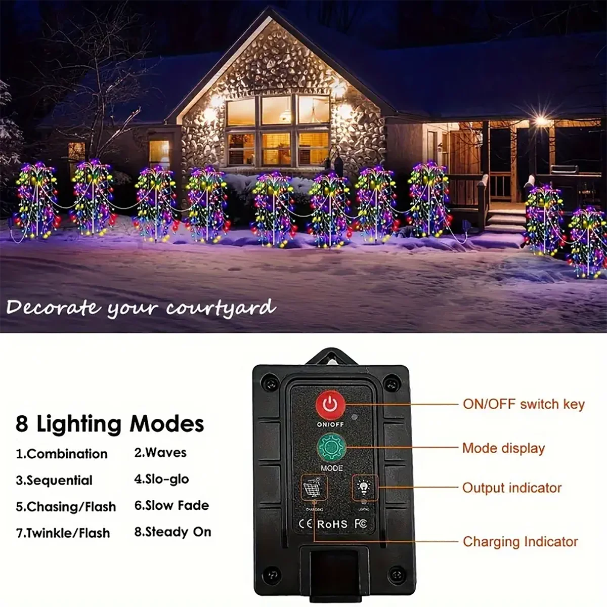 4 Pack 680 LED Christmas Solar Firecracker Fireworks Lights Outdoor Yard Lawn Garden Decorative Light Party Landscape Lighting