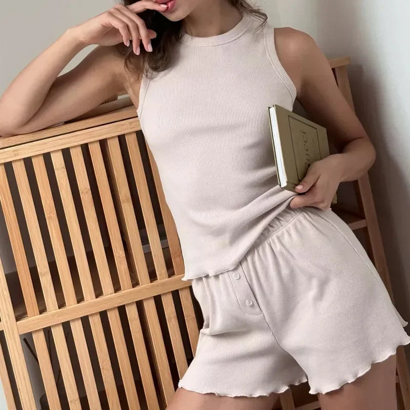 Casual Solid Ribbed Knit Lounge Set Womens Sleeveless Tank Top and Lettuce Hem Shorts Two Piece Summer Pajama Outfit Homewear