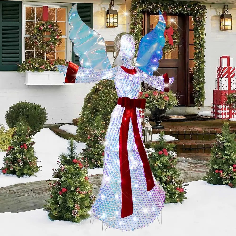 Illuminated 3 D Angel with Glitter Halo and LED Lights, 5 FT Christmas Lawn Garden Decor