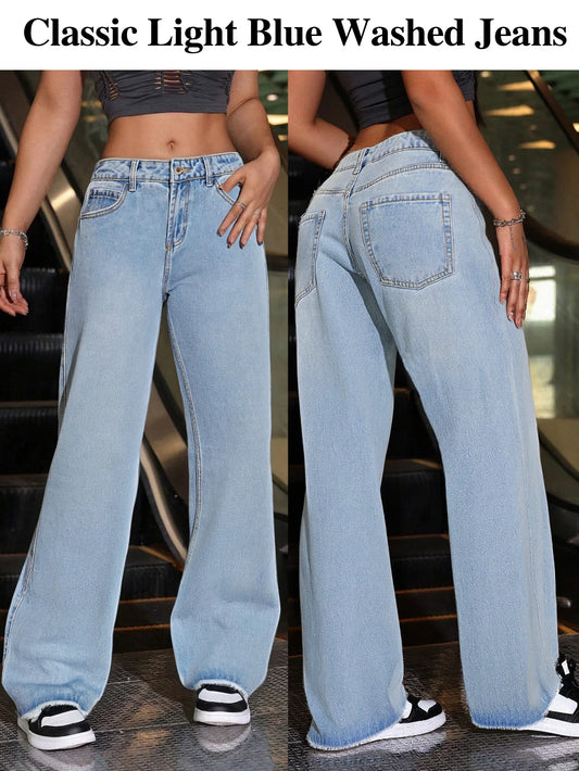 Blue Washed and Distressed Women's Jeans, with Comfortable and Soft Denim Fabric, Loose and Casual Fit, and Fringed Hem
