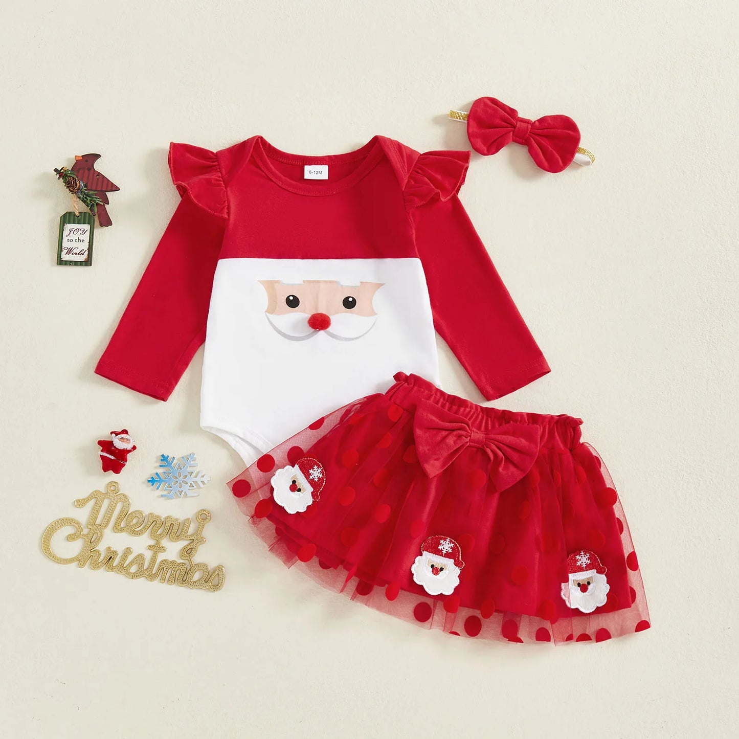 Baby Girls 3pcs Outfit Christmas Long Sleeve O Neck Reindeer Print Jumpsuit Headband Bow Mesh Skirt Newborn Clothes Set