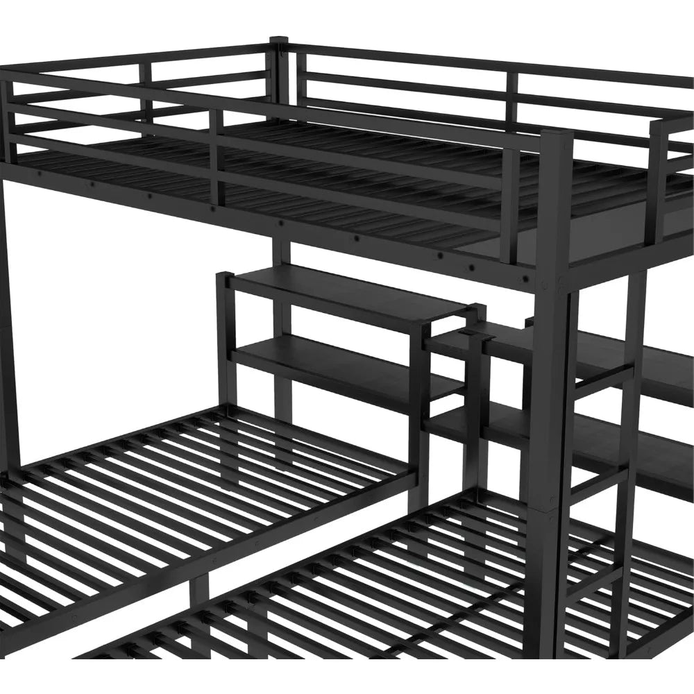 Sturdy Triple-Deck Bunk Bed with Storage, Shelves, and Charging Ports - Full XL Upper with Twin Beds Below