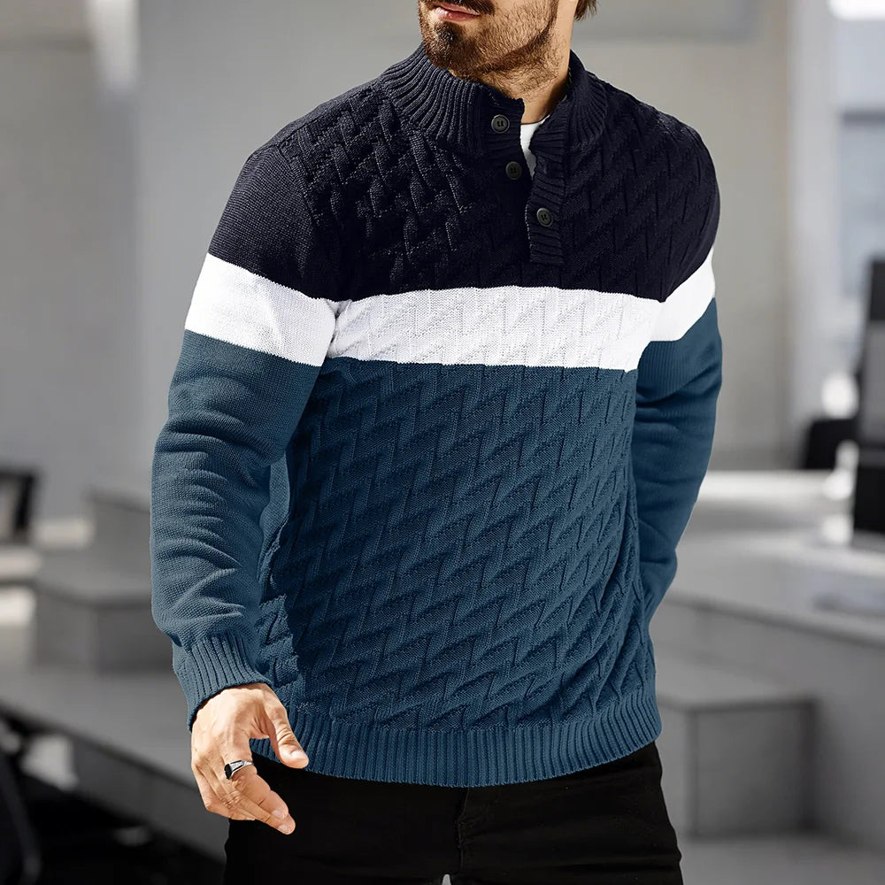 Men's Sweater Autumn Warm Contrasting Color Shawl Collar Pullover Long Sleeve Fit Casual Cable Knit Tops US Size