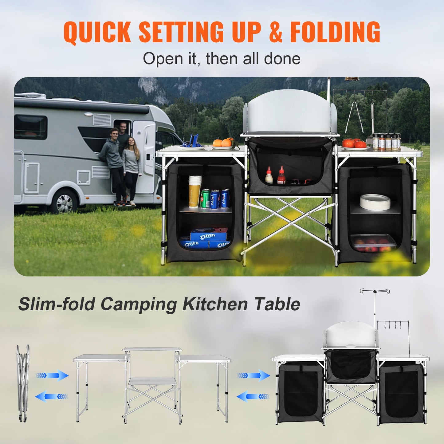 Camping Kitchen Table Cabinet Folding Cooking Storage Rack X-Shaped Aluminum Alloy Bracket for BBQ Picnic Garden Table
