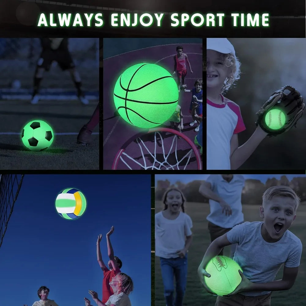 Glow in the Dark 5-Piece Sports Ball Set with Official Sizes: Football, Basketball, Soccer, Volleyball, Baseball - Includes Carr