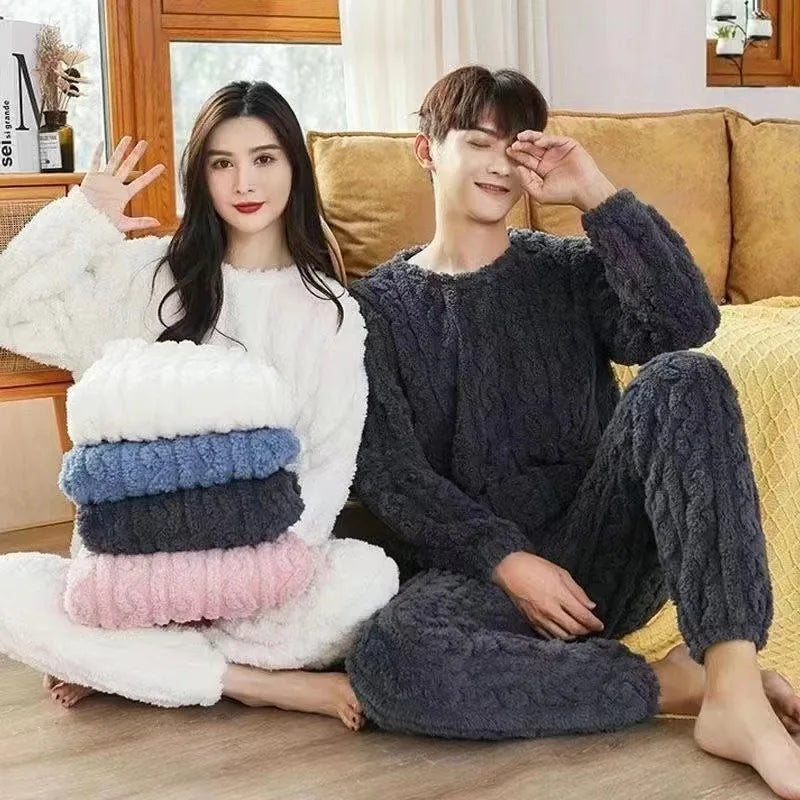 Women's Winter Coral Velvet Pajamas Set Thickened Fluffy O-neck Two-piece Homewear Loungewear Leisure Pajamas for Cold Weather