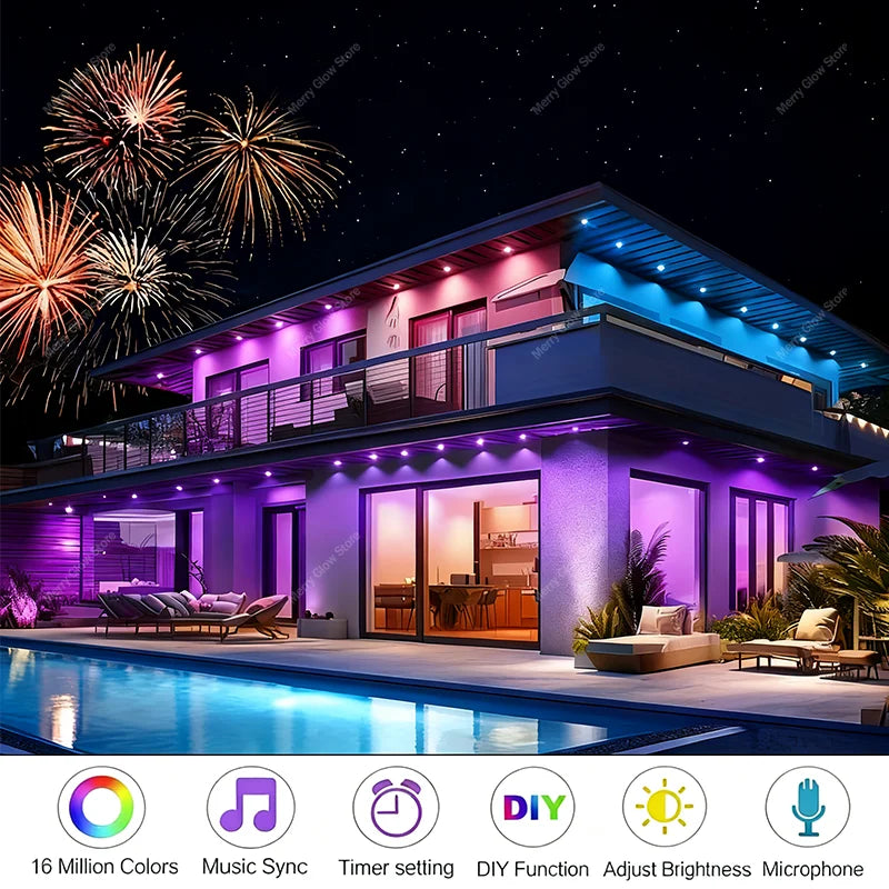 Permanent Outdoor Lights 200 FT/60 M Waterproof Eaves Lights Bluetooth App Timer Function Multiple Scene Modes For Christmas Decor