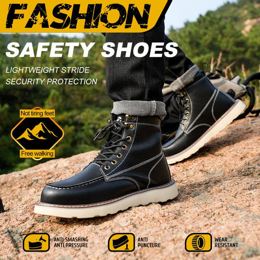 Two layer cowhide men's anti-smash anti-puncture high top work safety shoes