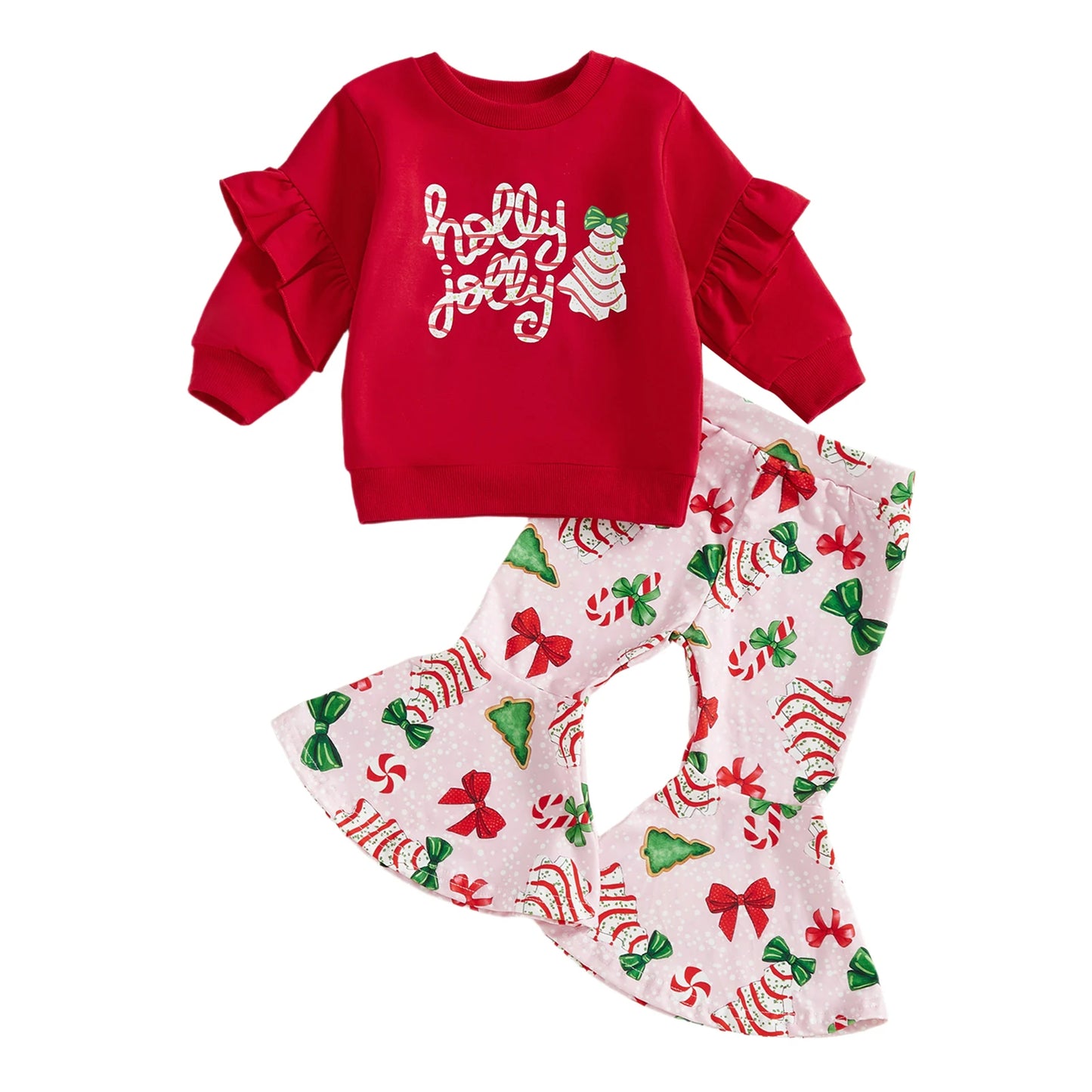 Cute Baby Girl Winter Clothes Set Long Sleeve Round Neck Sweater Elastic Waist Bow Print Flare Pants Outfit for Christmas
