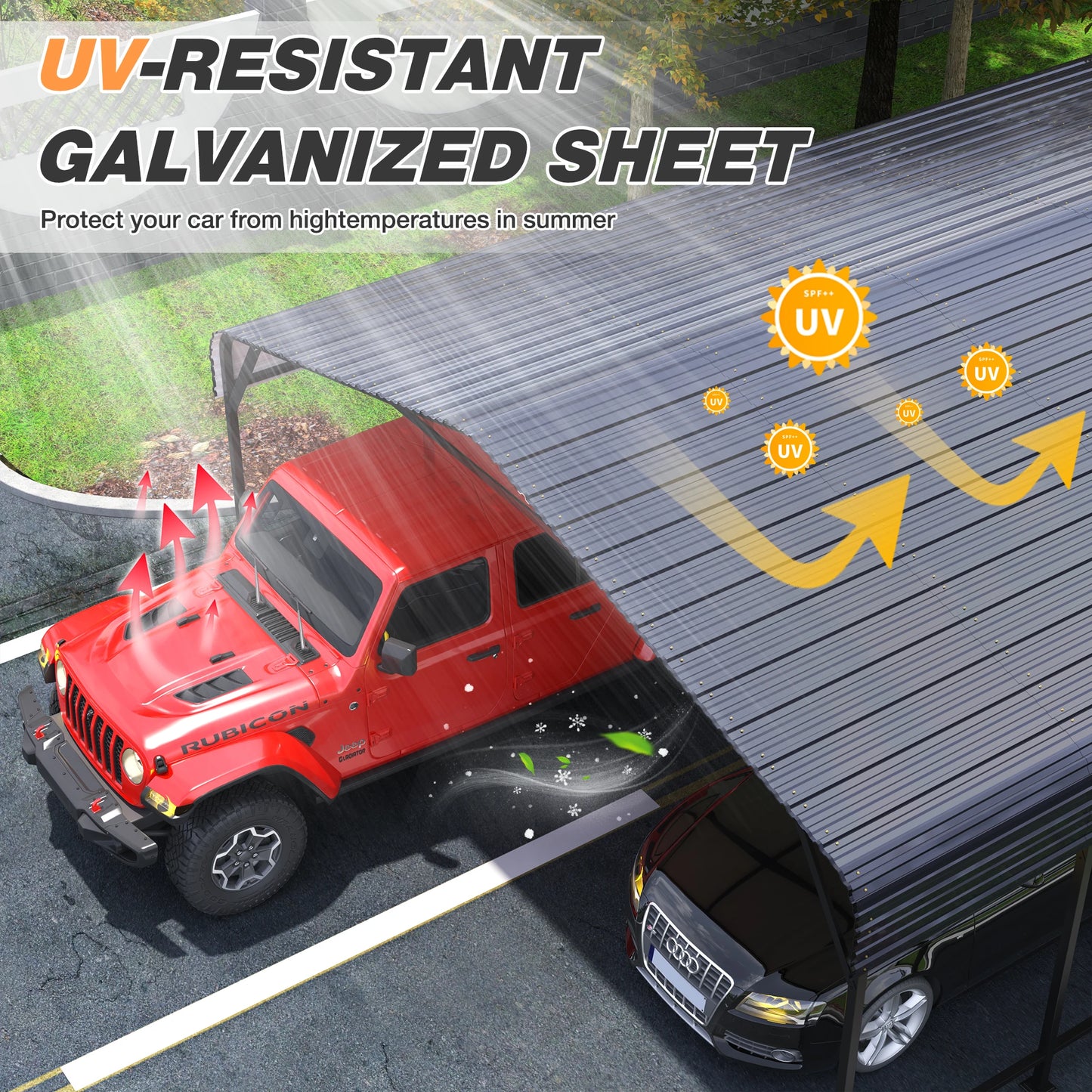VIWAT 10 x 15~20 x 40 FT Multi-Size Metal Carport w/ Enhanced Base Outdoor Heavy Duty Garage Galvanized Car Shelter for Garden Patio