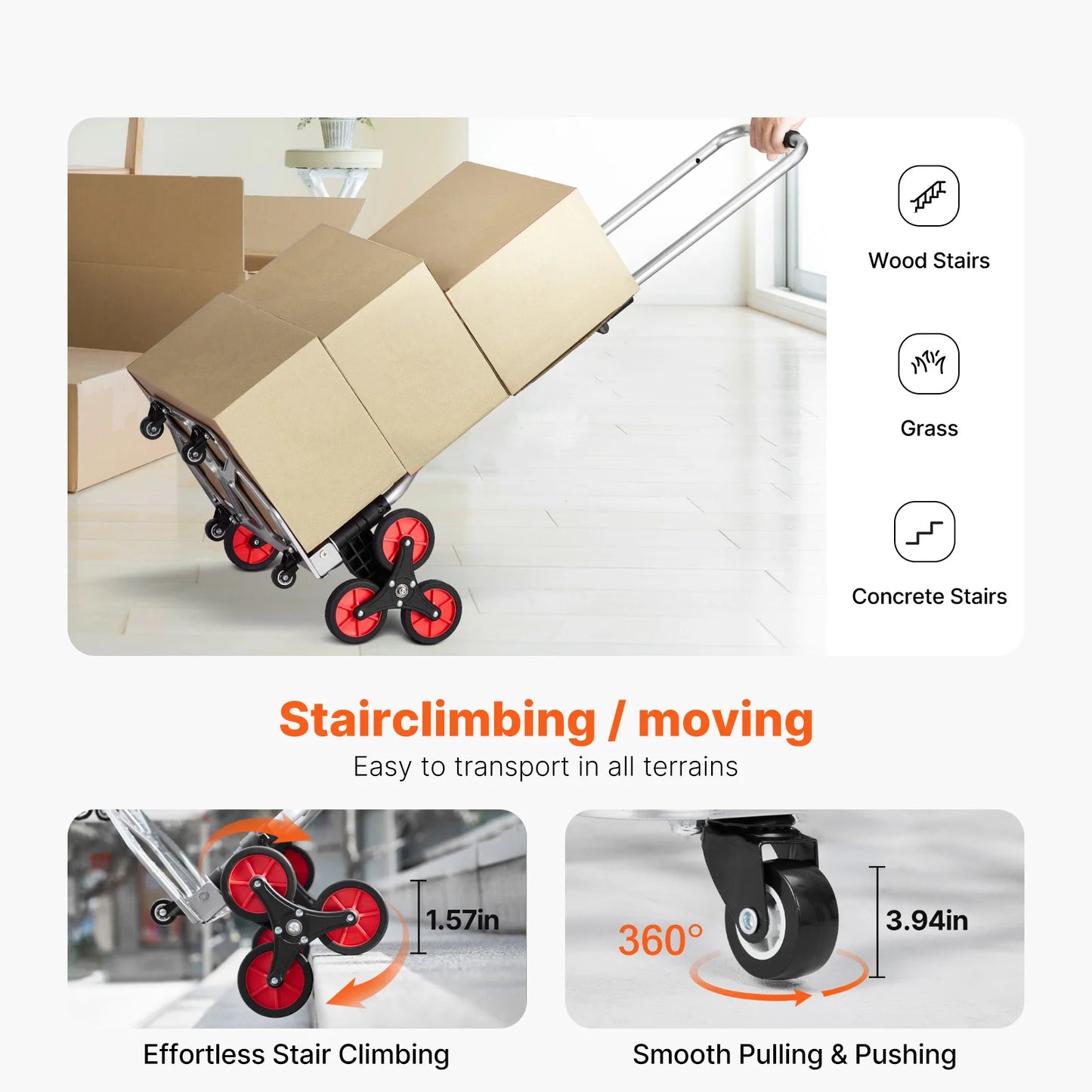 260 lbs Folding Hand Truck with Telescoping Handle & 2 Elastic Ropes Stair Climbing Cart Dolly for Warehouse Moving