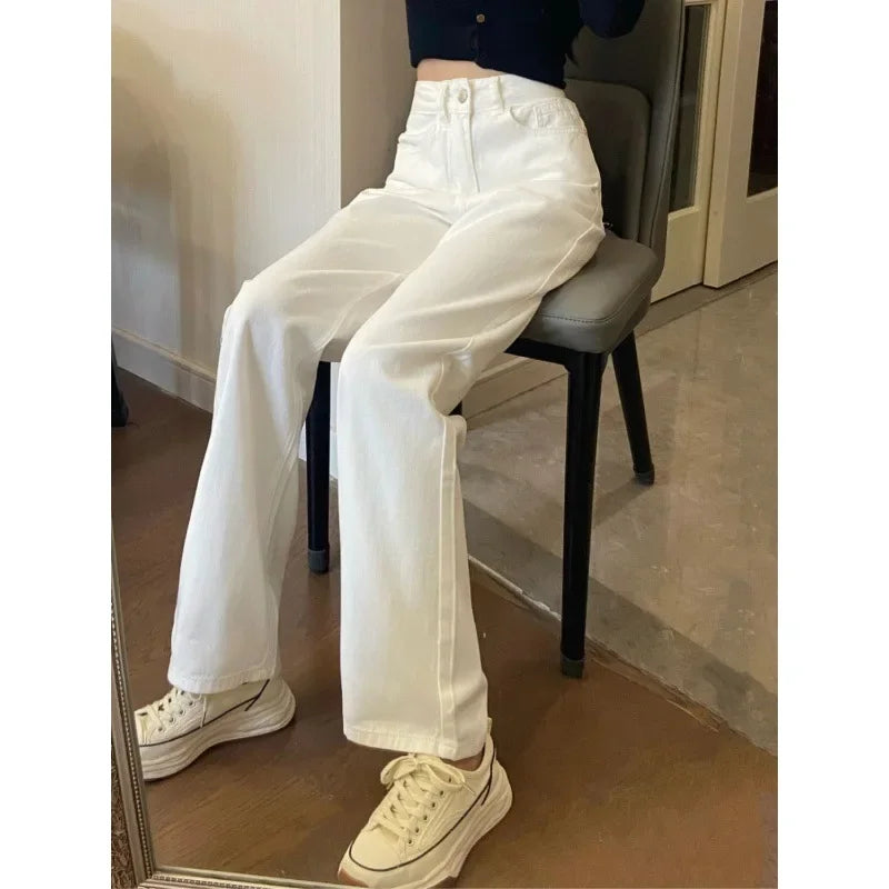 White High-waist Straight-leg Jeans For Women Slimming Loose-fit Autumn Bell Bottoms Versatile Plus-size Women's Jeans