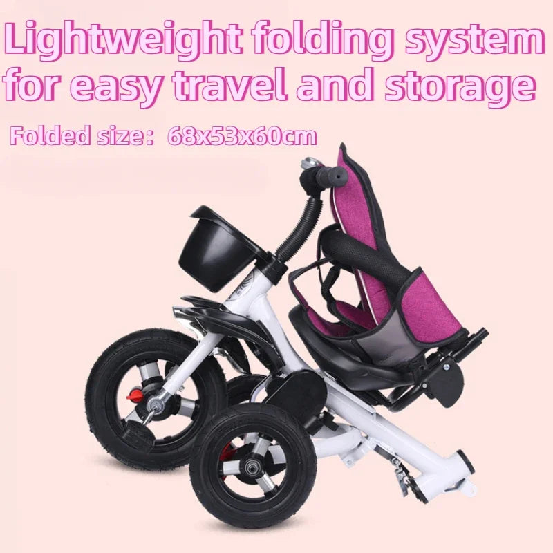 4 in 1 Folding Kids Trike Sit & Lying Portable Baby Stroller with Large Canopy Tricycle Dual Brake 3-Gear Adjustable Backrest