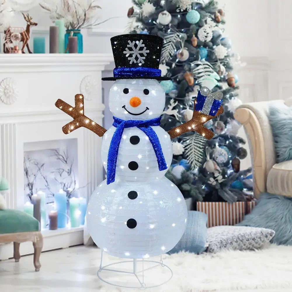 Pre-lit 100-Light Collapsible Snowman with Blue Scarf and Illuminated Gift for Outdoor Christmas